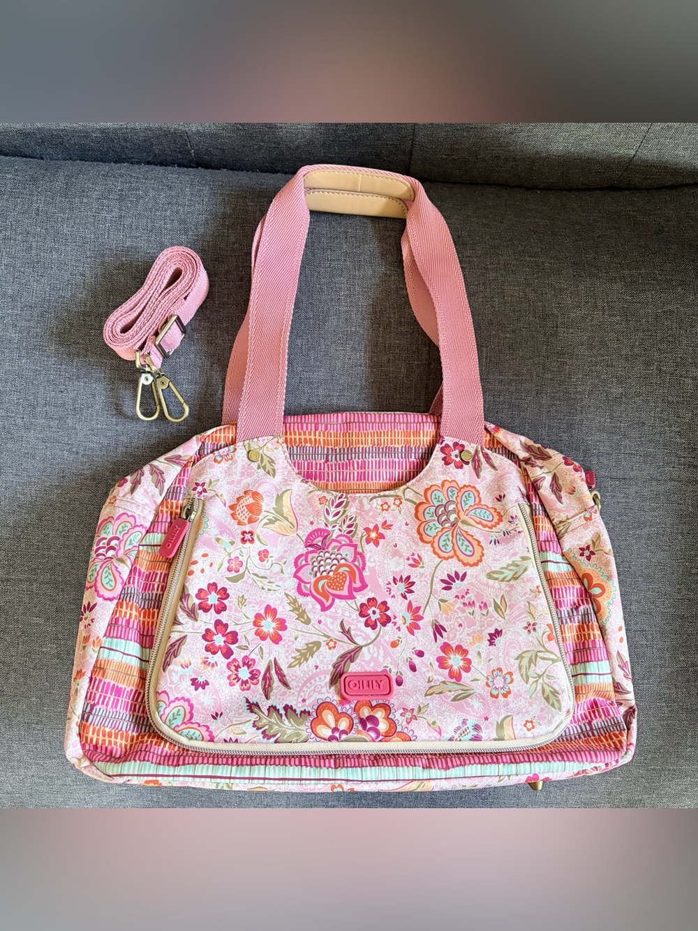 Oilily Pink Floral Canvas Tote Bag with Detachable Strap